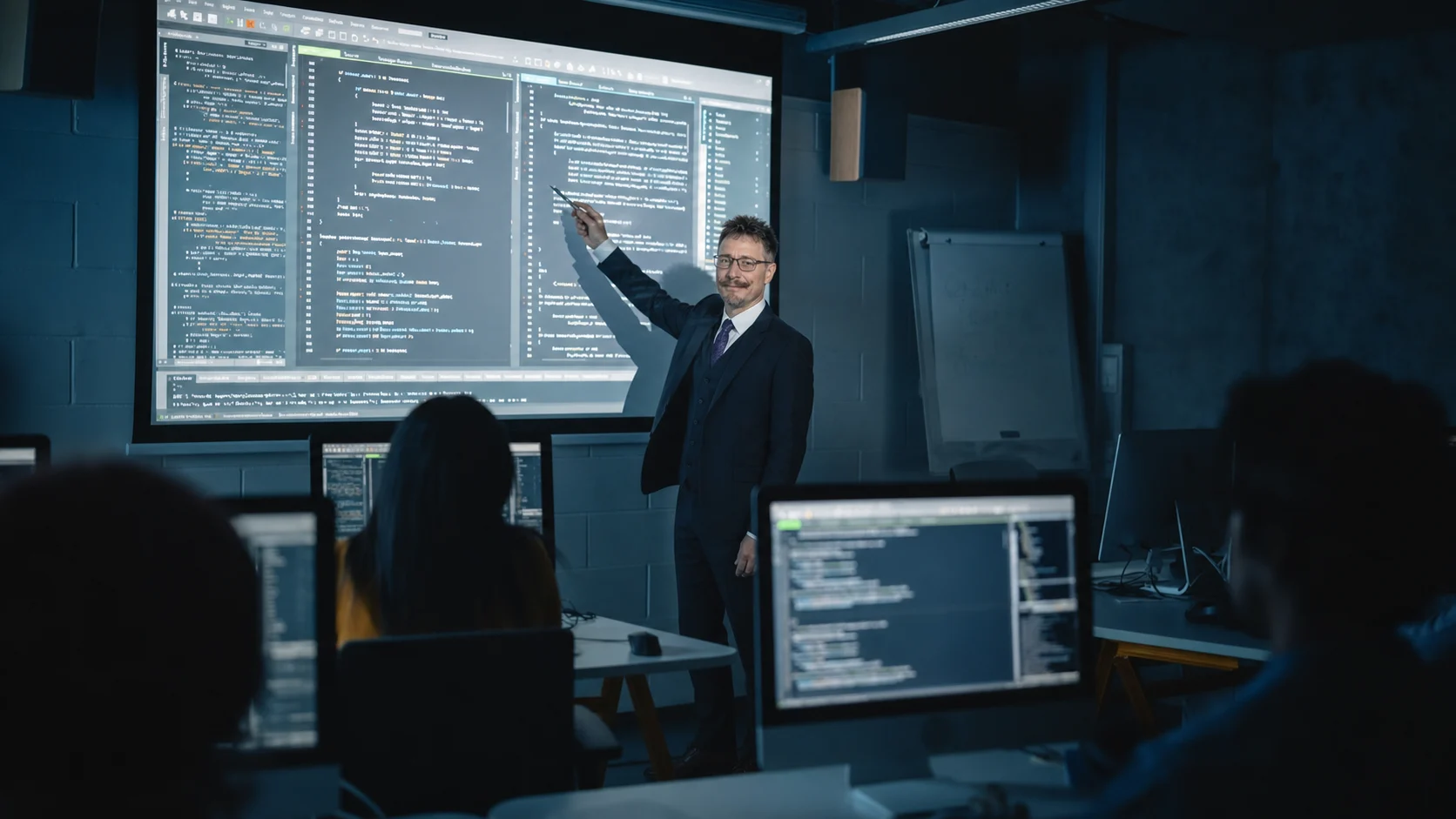 Dr. Matthew Kisow teaching cybersecurity in a computer classroom